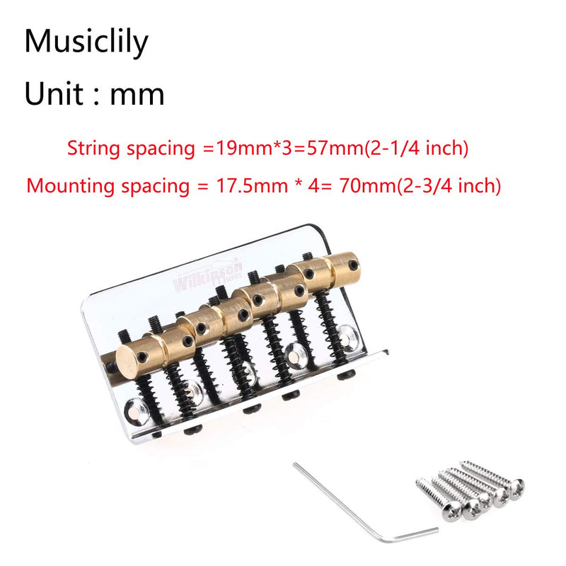 Wilkinson 57mm (2-1/4 inch) String Spacing 4-String Fixed Bass Bridge Brass Saddles for Precision Bass and Jazz Bass, Chrome