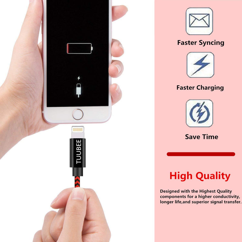 iPhone Charging Cable, 3 Pack 10FT TUUBEE Durable iPhone Charger Cable Nylon Braided Lightning Cord Fast Charging & Syncing iPhone Chargers Compatible iPhone XS/Max/XR/X/8P/8/7/6/iPad(Red&Black)