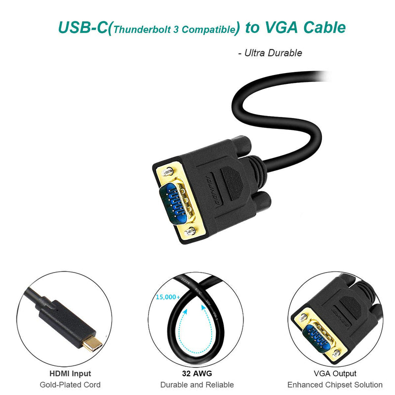 USB C to VGA Cable, Benfei USB Type-C to VGA Cable [Thunderbolt 3] Compatible for MacBook Pro 2019/2018/2017, Samsung Galaxy S9/S8, Surface Book 2, Dell XPS 13/15, Pixelbook and More - 3 Feet Black