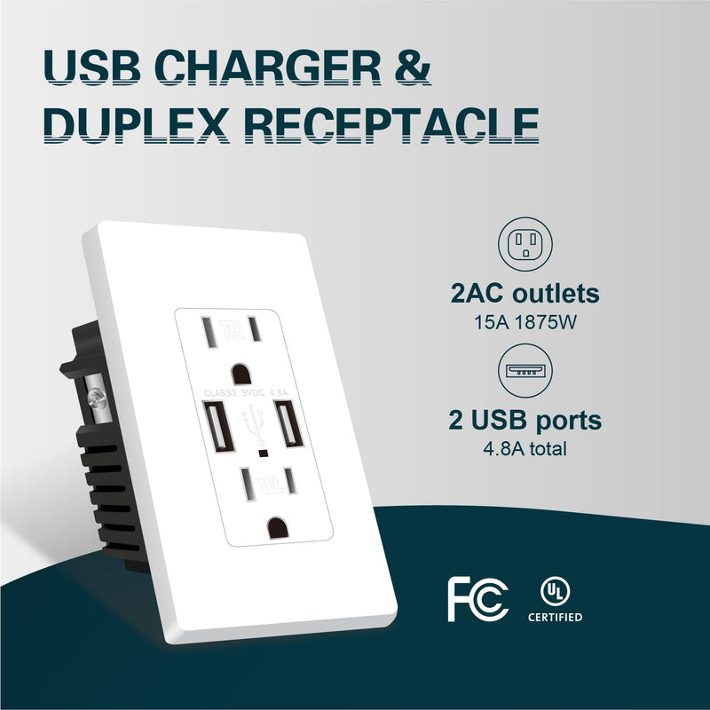 [AUSTRALIA] - TOPELER 2Pack USB Wall Outlet, 4.8A High Speed USB Ports with Smart Chip, 15A Tamper Resistant Electrical Receptacle Socket, Screwless Wall Plate Included, UL & FCC Approved White 