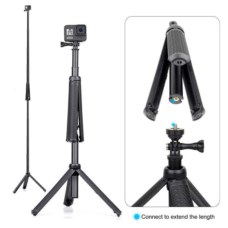 GEPULY Extendable Selfie Stick with Tripod Stand for GoPro Hero 8 7 6 5 4 3 Session Fusion Max, OSMO Action, AKASO, SJCAM, Cell Phones. Functions as Hand Grip, Telescoping Monopod Pole, Tripod Stand