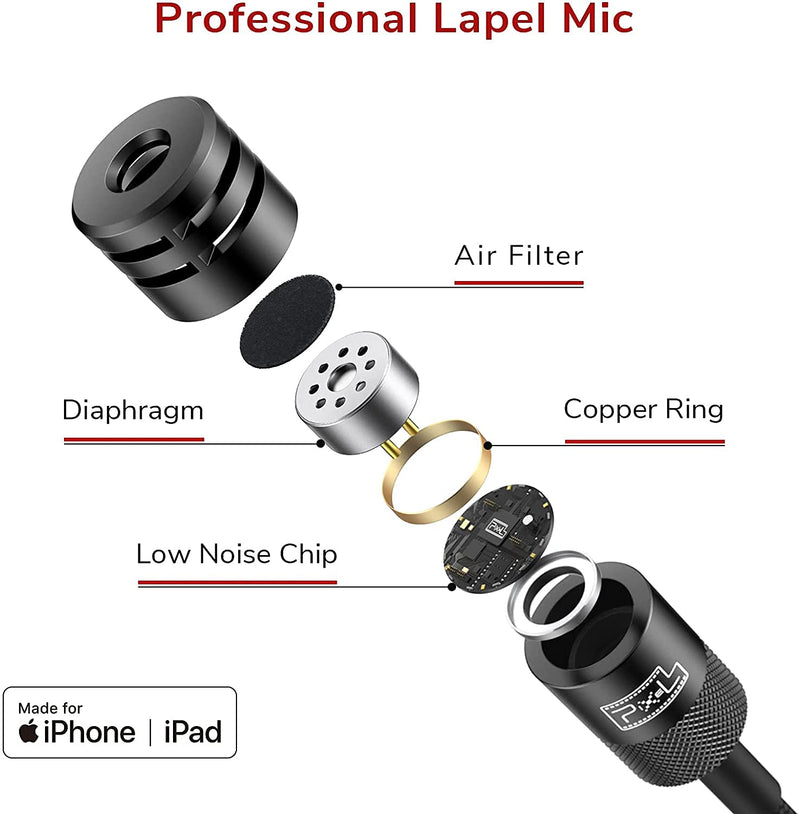 Pixel Voice Professional-Grade Wearable Lavalier Lapel Microphone Compatible with IPhone/IPad (Apple MFi-Certified) Omnidirectional Mic for Video Recording Livestream Vlog YouTube Facebook (9.8ft)