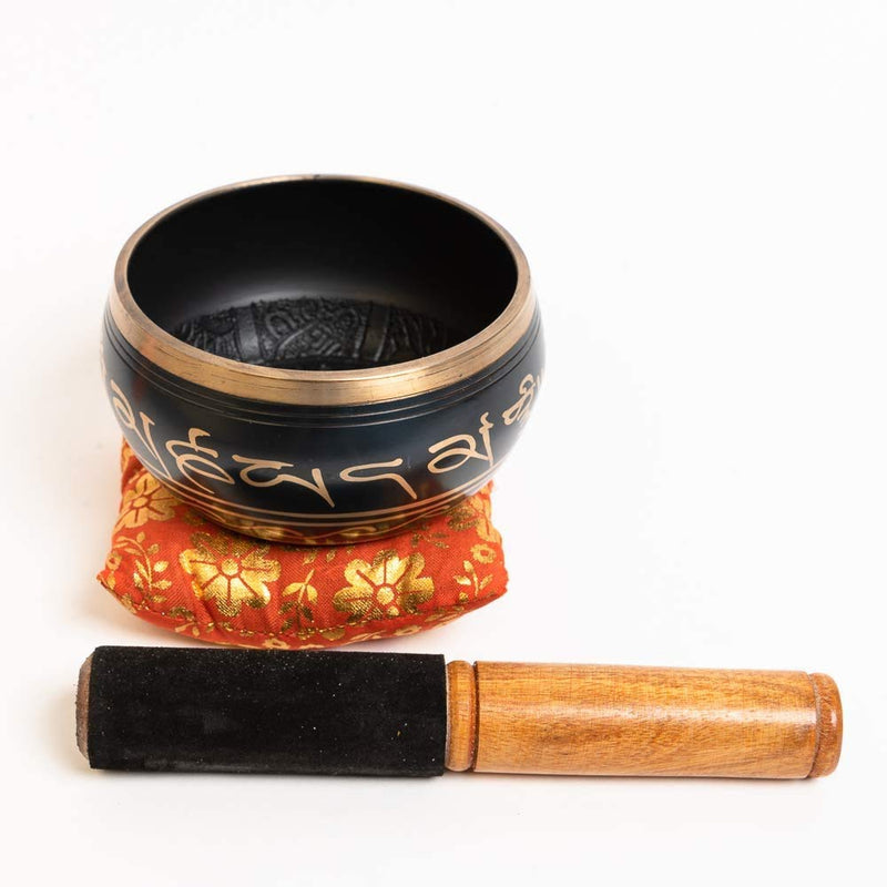 SATNAM - Tibetan Brass Meditation Singing Bowl Set for Relaxation and Healing - With Traditional Design comes with Wooden Striker and Cushion - Handmade in India Black