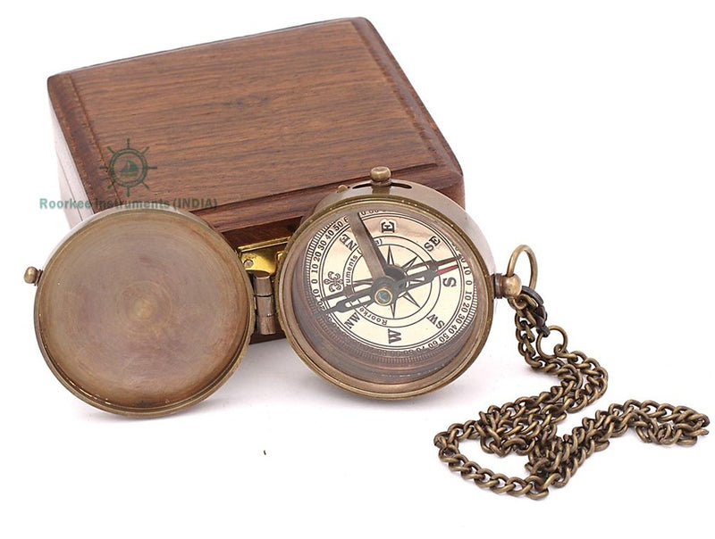 Roorkee Instruments India Engravable Brass Magnetic Compass with Wood Case