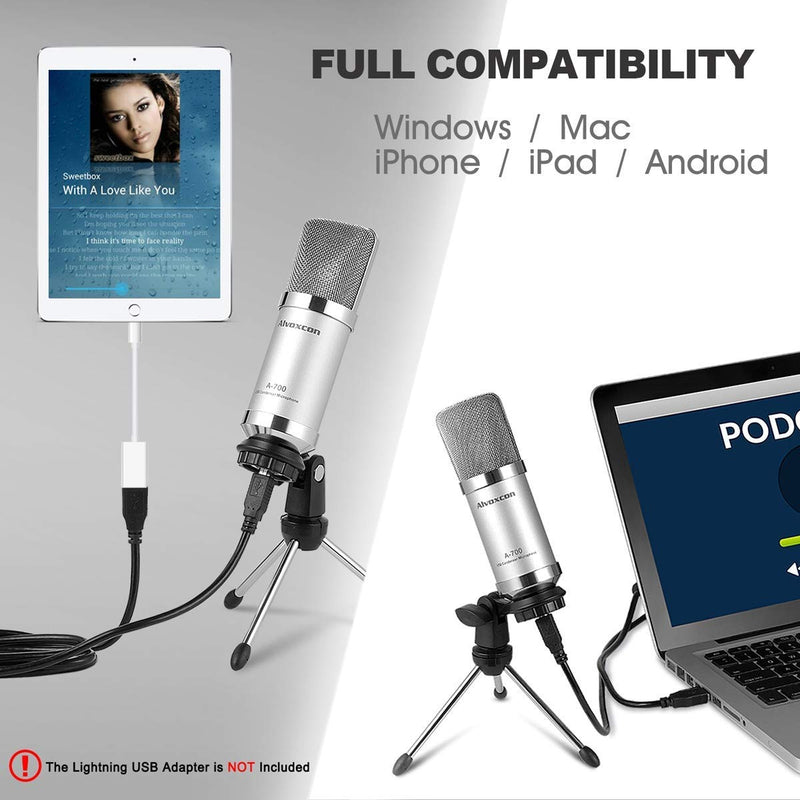 USB Microphone, Alvoxcon Unidirectional Condenser PC microphone for Computer (Mac/Windows), Podcasting, Vlog, Youtube, Studio Recording, Stream, Voice Over, Vocal Dictation with Desktop Tripod Stand Silver