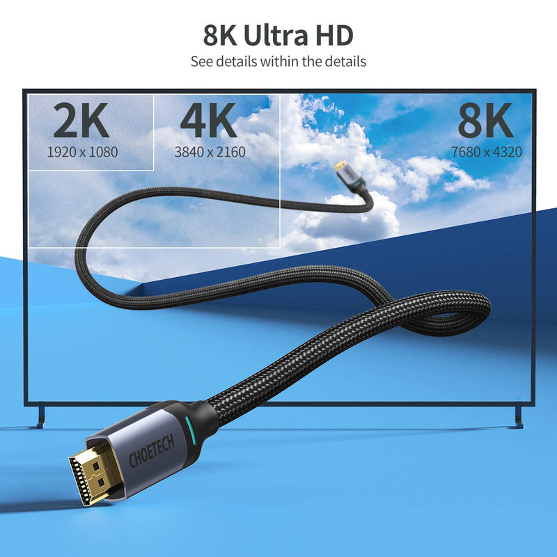 8K HDMI 2.1 Cable, CHOETECH HDMI 2.1 Cable 8K@60Hz 48Gbps Ultra High Speed HDR eARC HD 2M 6.6FT Braided 144Hz 120Hz 4K HDMI Cable Compatible With Apple Samsung LG TV Xbox Series X PS5 S5 RTX 3080 3090