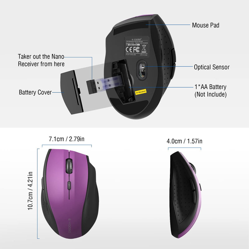 Wireless Mouse, E-YOOSO Computer Mouse 5 Adjustable DPI 6 Buttons Cordless Mouse Wireless Optical Mice with USB Nano Receiver, 2.4G Portable Ergonomic Wireless Mouse for Laptop/Windows/Mac(Purple) Purple