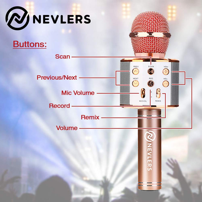 Nevlers Karaoke Microphone with Wireless Bluetooth Speaker and Recording Options, Easy to Use Portable Handheld Karaoke Machine for Kids and Adults - Rose