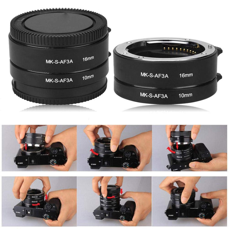 Qiilu Lens Extension Tube, Auto Focus AF Macro Extension Tube Set 10mm,16mm Fit for Sony E/FE NEX3 NEX5 NEX6 NEX7 A5000/A6000/A7/A7M2 Series