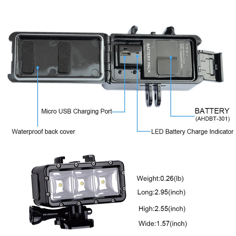 Suptig XShot Dimmable Waterproof (45m) LED Video Light for GoPro Cameras