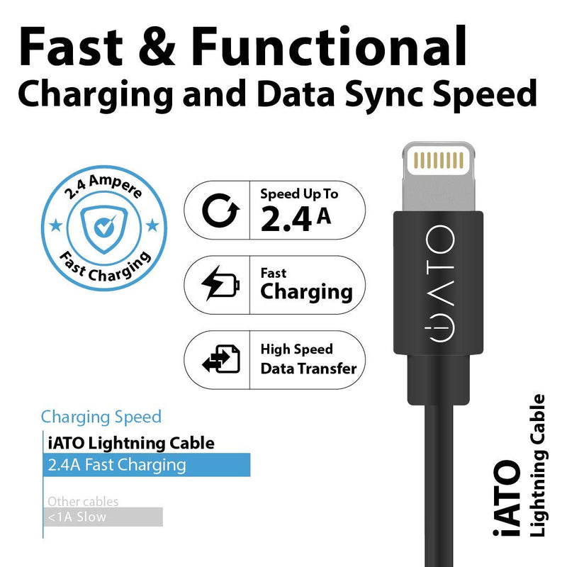 iATO Lightning Cable [Apple MFi Certified] iPhone Charger Cable. Fast Charging Lightning to USB Wire for iPhone 12 Mini Pro Max SE 11 Pro Max XR Xs Max X 10 8 7 6s 6 Plus 5s 5c 5 iPad iPod. 1m. Black Coal Black 3.3FT/1M