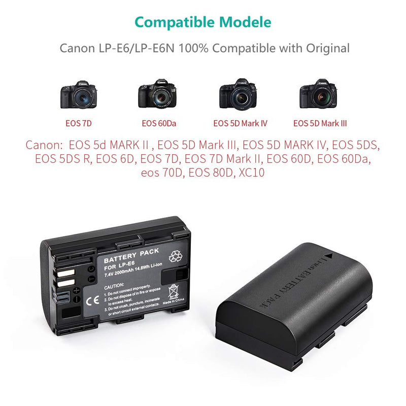 Rechargeable Replacement Camera Battery 2 Pack, LP-E6 LP E6N 2000mAh Power Battery Charger Set for Canon 5D Mark II III IV, 5Ds, 6D, 70D, 80D and More (100% Compatible with Original)