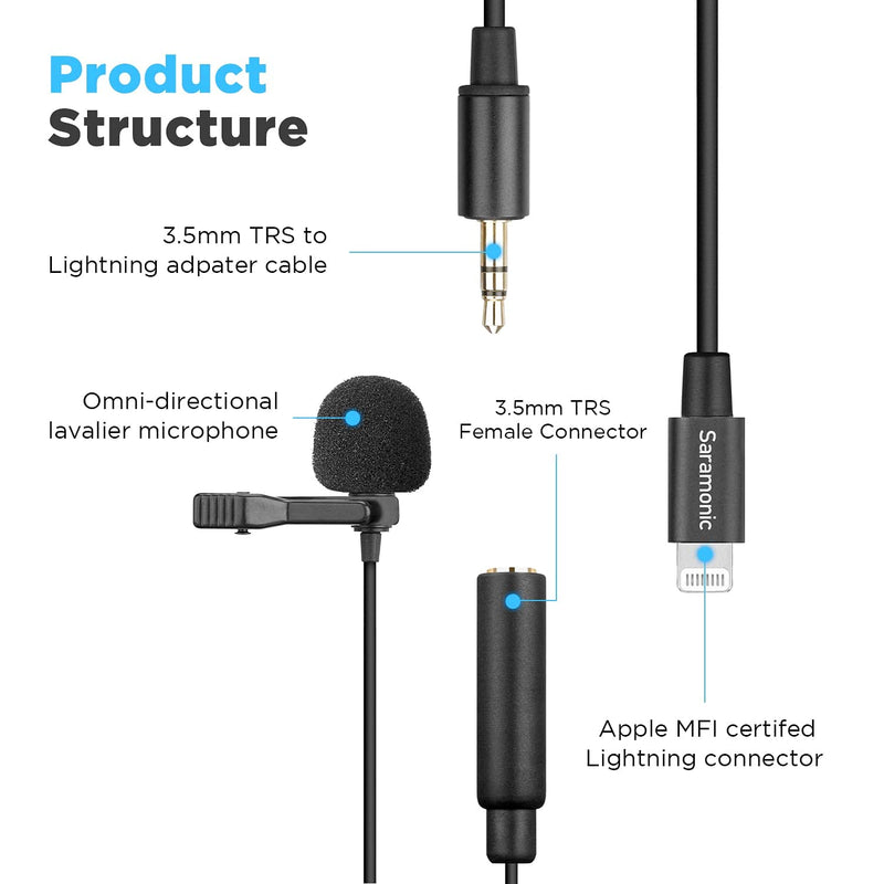 Saramonic 2M Length Clip-on Lavalier Microphone with Detachable Audio Connector Compatible for iOS iPhone, iPad, iPod Touch