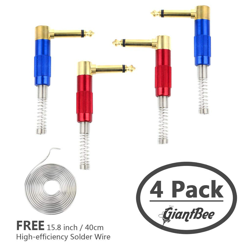 [AUSTRALIA] - 1/4" Audio Plugs 6.35 mm Plug TS Male 1/4 inch Heavy Duty Solder Type Mono Connector with Spring, Right Angle for DJ Mixer, Speaker Guitar Cables, Patch Cable, Microphone Cable Blue+Red (4 Pack) 
