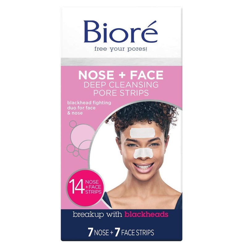 Bioré Nose+Face, Deep Cleansing Pore Strips, 7 Nose + 7 Chin or Forehead, with Instant Blackhead Removal and Pore Unclogging, 14 Count, Oil-free, Non-Comedogenic Use