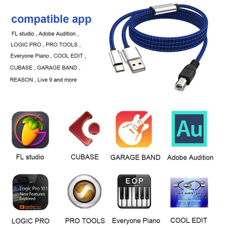 2 in 1 USB A and Type C to USB B Cable, 10 Feet USB C to USB Midi Cord Compatible with MacBook/Samsung/Google for Electronic Piano/Midi Controller/Audio Interface/Midi Keyboard and More. 10.0 Feet