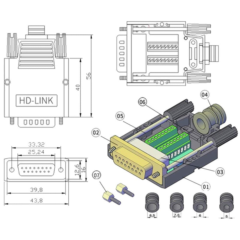 Jienk 2Pcs DB15 Solderless Female RS232 D-SUB Serial Adapters, 16mm thinner 15 Pin Port Terminal Solderfree Breakout Board Connector with Case Accessories Female(2Pcs)