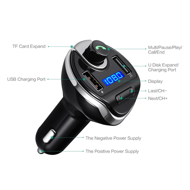 KeeKit Bluetooth FM Transmitter for Car, Wireless FM Radio Adapter Car Kit, Universal Car Charger with Dual USB Charging Ports, Hands-Free Calling, U Disk/TF Card Support, MP3 Music Player Black