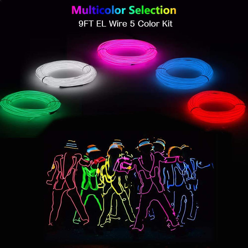 El Wire 5 Pack, 9ft Neon Light with Battery Pack (Red, Blue, Pink, Green, White) for Halloween Decorations DIY Costume