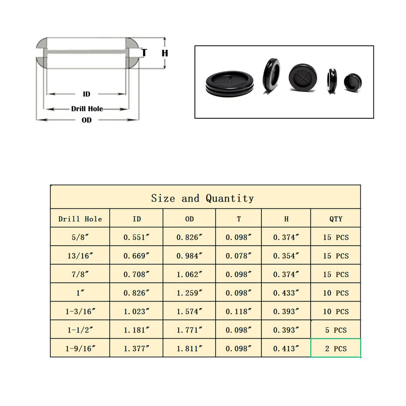 YUFANNET 72 Pcs Rubber Grommet Kits,7 Sizes Rubber Grommets for Wiring,Double Sided Round Rubber Firewall Hole Plug Wire Protection with Knife,Drill Hole 1-9/16" 1-1/2" 1-3/16" 1" 7/8" 13/16" 5/8"