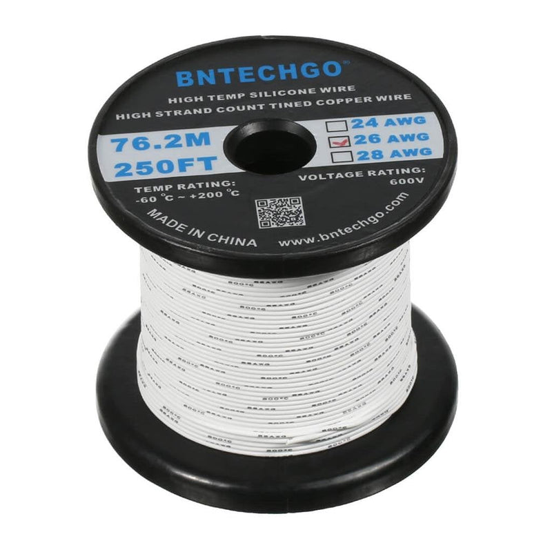 BNTECHGO 26 Gauge Silicone wire spool 250 ft White Flexible 26 AWG Stranded Tinned Copper Wire silicone wire 250ft silicone wire white