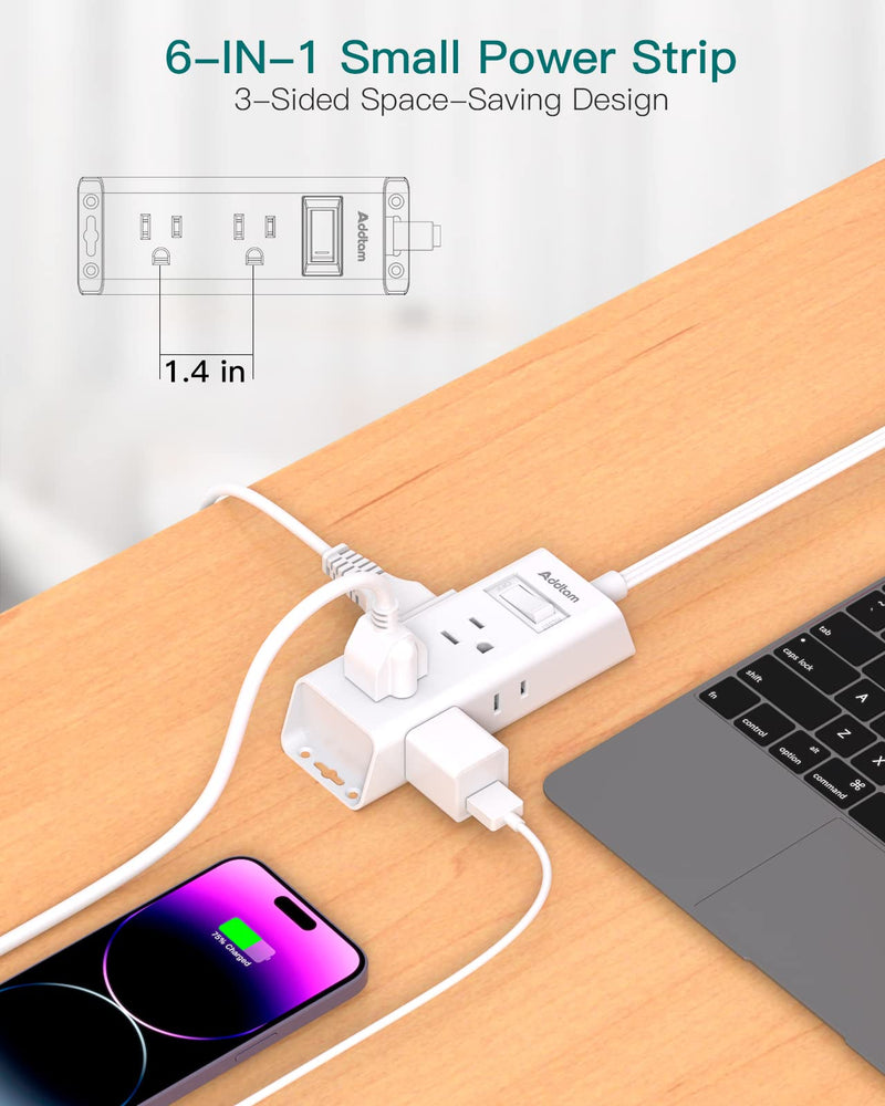 Flat Extension Cord 10 ft - Addtam Flat Plug Power Strip with 6 Outlets Extender, No Surge Protector for Cruise Ship, Dorm Room Travel Essentials, ETL Listed Ultra Thin Plug