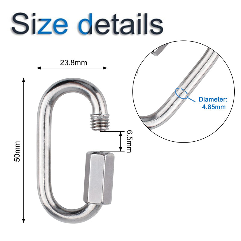INCREWAY 6 Pcs M5/0.2" 304 Stainless Steel D Shape Locking Carabiner Quick Link Chain Connector Keychain Buckle