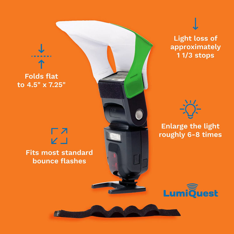 LumiQuest Flash Pocket Bouncer,  Flash Diffuser with UltraStrap, Universal Classic Design for External Camera Flashes, Photography Lighting, Light for Pictures, Studio Lights, Neon Green