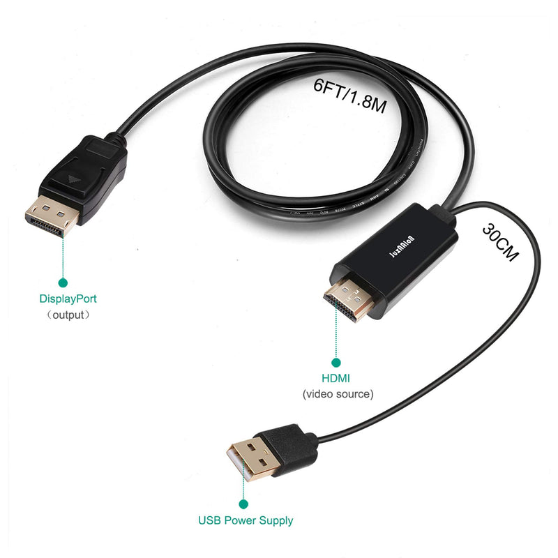 4K HDMI 2.0 to Displayport Cable for PS5 PS4 pro, BolAAzuL Active 4K 60Hz Male HDMI in to DP Out Video Converter Cord 6FT/1.8M with USB Power HDMI 2.0 to DP 1.2 for PC Laptop Apple TV HDMI to DP（4K@60Hz/ USB）