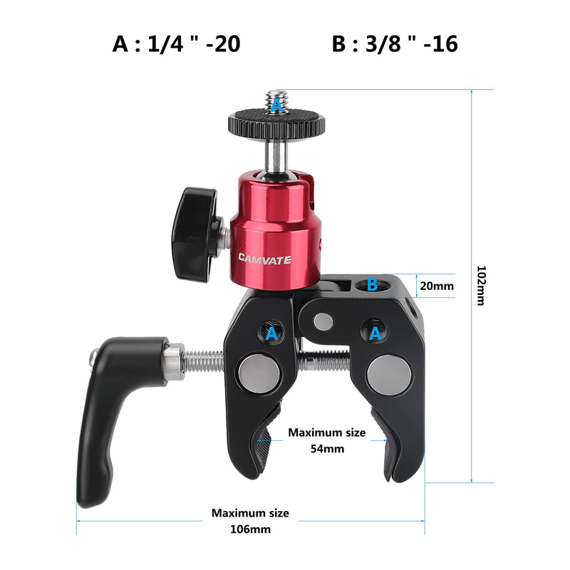 [AUSTRALIA] - CAMVATE Universal Super Crab Gripper Clamp with Strengthened Screw Knob + Adjustable 1/4"-20 Ball Head Support (Red) Holder - 2882 