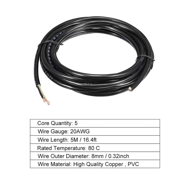 uxcell RVV Wire Cable Extension Cord Copper Wire Electric Conductor 5 Core 20 AWG 5M/16.4ft Length 16.4ft