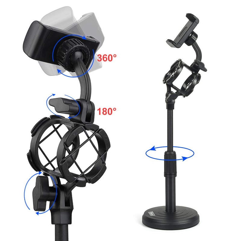 [AUSTRALIA] - Desktop Microphone Stand with Cell Phone Holder, Adjustable Tabletop mic Stand with Shock Mount and Round Base for Recording Podcasting and Live Streaming. B1 