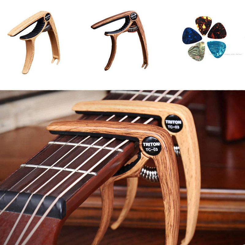 Upone Alloy Fashion Wood Grain Capo,Strong Spring Fix Capo for Acoustic Guitar,Ukuleles, Bass with 5 Pcs 0.81mm Picks