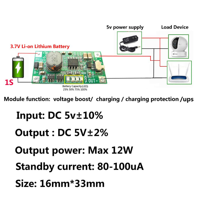 High Power DC 5V 9V 12V UPS Module Voltage Boost Battery Charge with Protection for Lithium Li-ion 18650 Battery (DC 5V 2A UPS) DC 5V 2A UPS