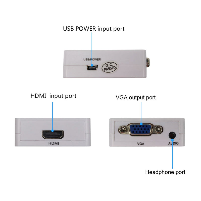 Mini HDMI to VGA Converter 1080P Audio Video Signal Output HDMI2VGA Converter for PS3 XBOX360 Blu-ray DVD Set-top Boxes PC Laptop to HDTV Projector White