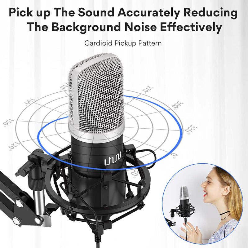 USB Microphone, UHURU Professional 192KHZ/24Bit PC Streaming Cardioid Microphone Kit with Boom Arm, Shock Mount, Pop Filter and Windscreen, for Skype, Zoom, YouTube, Gaming, Recording, Podcast