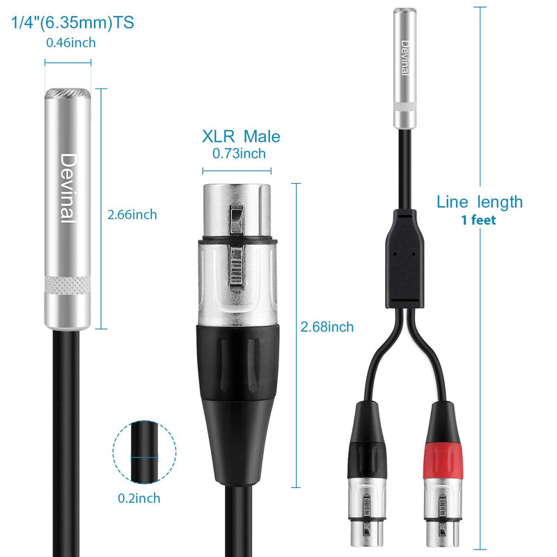 [AUSTRALIA] - Devinal 1/4 inch Female to Dual XLR Female Y Cable, 6.35mm Female TRS to 2 XLR Microphone Converter, Female Quarter inch Socket Y Splitter Audio Breakout Cord Wire 1FT 