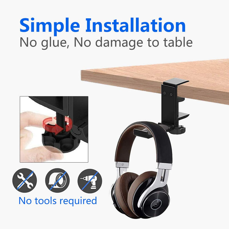Goldmille Aluminum Headphone Stand Hanger Foldable with Cable Clip Headset Holder Clamp Hook Under Desk, Save Your Space While Working & Gaming Black
