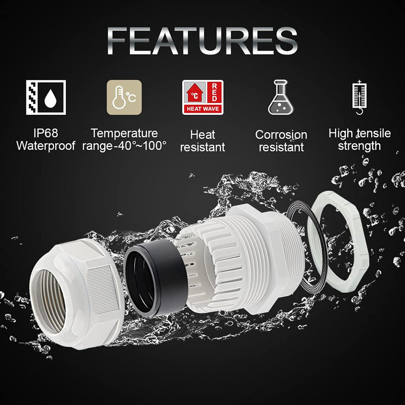 LeMotech 20 Pack NPT 1/2" Cable Glands Waterproof Adjustable 6-12mm Cable Connectors Grey Nylon Joints with Gaskets 1/2inch 20-pack Gray