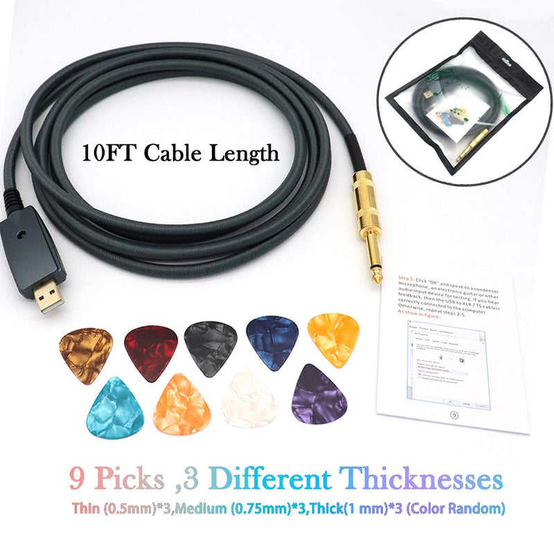 [AUSTRALIA] - USB Guitar Cable, USB Guitar Interface Male to 6.35mm 1/4 Inch TS Mono Electric Guitar Converter Cable, USB Guitar Cable to Computer for Instruments Recording and Improving (Gold-Plated/10ft) 