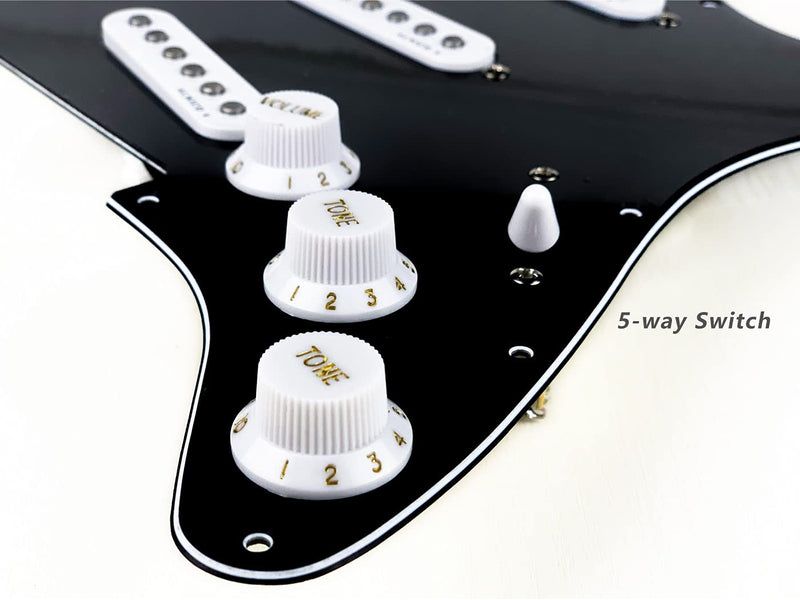 LAMSAM Pre-loaded Pickguards for Strat Style Guitars, Pre-wired Pick Guard Loaded Single Coil Alnico 5 Pickups Set, Fully-wired Scratch Plate Assembled 5-way Switch Tone Volume Controls SSS Pups black 101A