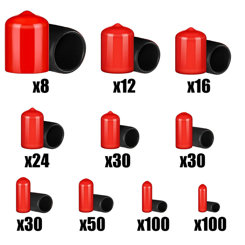 INKNOTE 400 PCS Round Vinyl Flexible End Caps Bolt Screw Rubber Thread Protector Safety Cover, Soft Rubber Cover for Indoor and Outdoor, Home Use, Construction Site Use, 10 Sizes in Red & Black