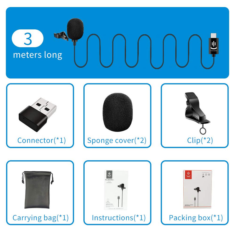 [AUSTRALIA] - Professional Lavalier Lapel Microphone Omnidirectional Mic 360° Easy Clip On only for USB Type-C Interface Devices Mobile Phones and Computers, Used to Record YouTube/TikTok/Kwai(3M) 3M 