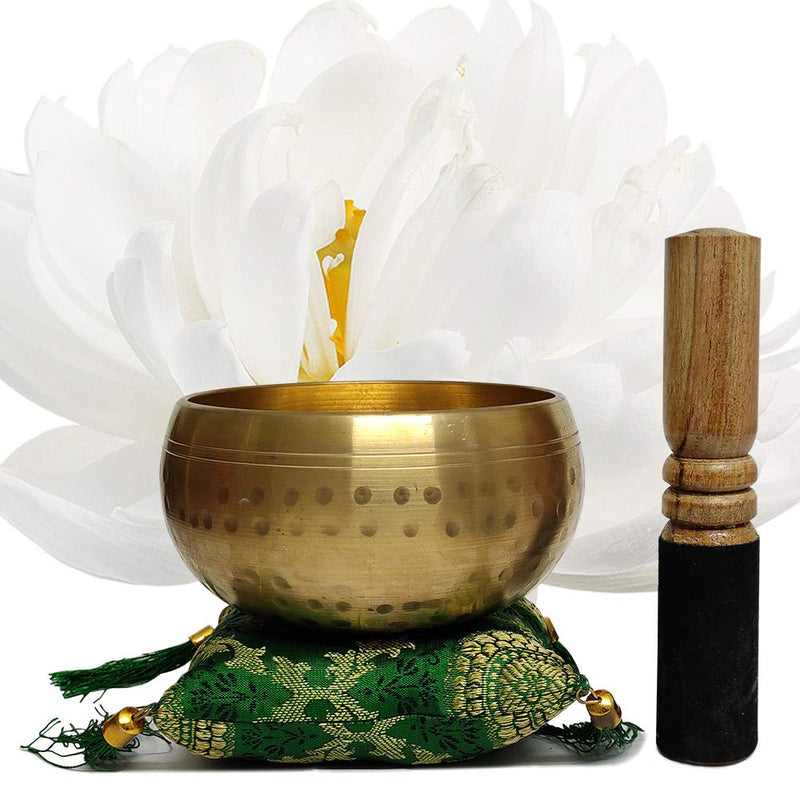 Hand Crafted Tibetan 4 Inch Hammered Singing Bowl Set By Trumiri - Helpful for Meditation Chakra Healing Relaxation Peace Mindfulness with Premium Tulsi Beads, Flag, Mallet, Cushion & Potli (Bag)