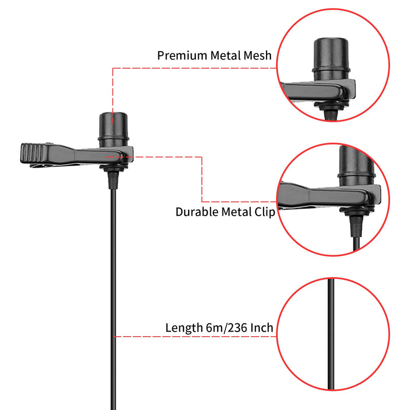 19 Feet Lavalier Microphone for Canon iPhone Podcast, BOYA Omnidirectional Condenser Recording Mic for Nikon Sony iPhone 8 8 plus 7 6 6s Plus DSLR Camcorder Audio Recorder Youtube Interview Video