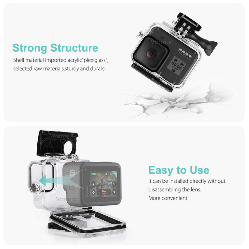 Vamson for Gopro Hero 8 Black Accessories with Waterproof Housing Case 60Meter Underwater Protective Diving Shell for Go pro Hero8 Action Camera AVP651