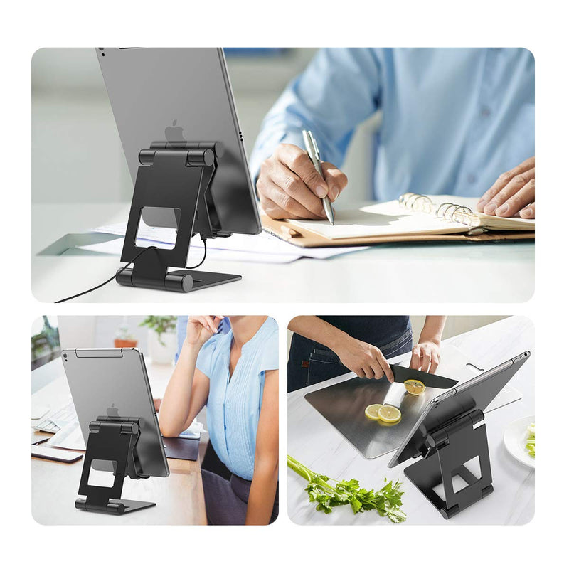 Xuyoz Cell Phone/Tablet Stand, Phone Holder for Desk, Metal iPhone Stand Non-Slip Phone Stand Compatible with iPhone, All Mobile Phones, Switch, iPad,Tablet [Angle Adjustable, Foldable] (4-10.5in) Black