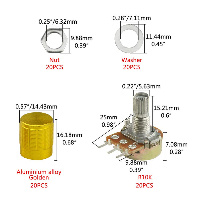 WGCD WMYCONGCONG 20 PCS B10K 10K Ohm Knurled Shaft Linear Rotary Taper Potentiometer with Cap Kit (B10K)