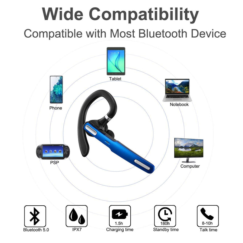 Bluetooth Headset, COMEXION Wireless Bluetooth Earpiece V5.0 Hands-Free Earphones with Stereo Noise Canceling Mic, Compatible iPhone Android Cell Phones Driving/Business/Office