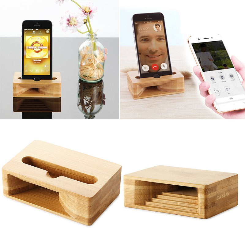 Cell Phone Stand Amplifier, Fanshu Desktop Mobile Phone Holder, Universal Portable Wood Cellphone Dock on Desk Bamboo Bed Stand Mount Cradle for Phone Under 5.5 Inches Wood 1